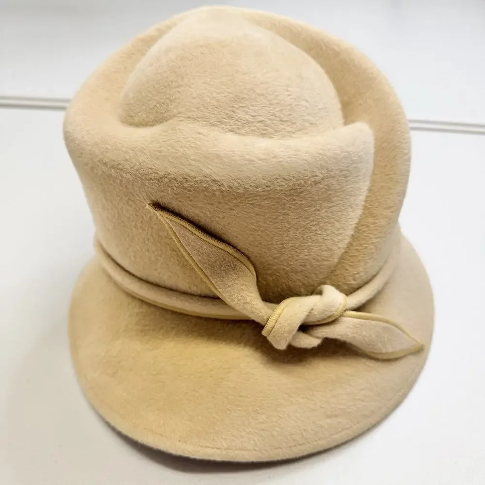 Vintage Fur Felt Cloche Hat Beige Bow Accent Style Women’s England